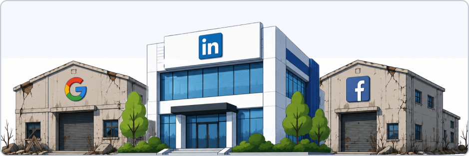 Modern LinkedIn office flanked by worn Google Jobs and Facebook Jobs buildings