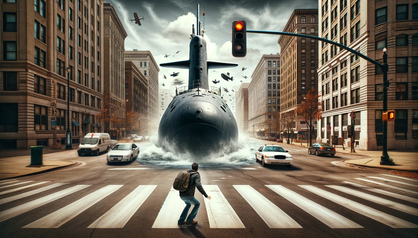 A surreal image of a person on a pedestrian crosswalk, looking terrified as a large submarine emerges from the background, approaching the street. The scene is set in a typical urban environment with buildings, traffic lights, and other city elements. The background is detailed and realistic, enhancing the dramatic and unsettling atmosphere.