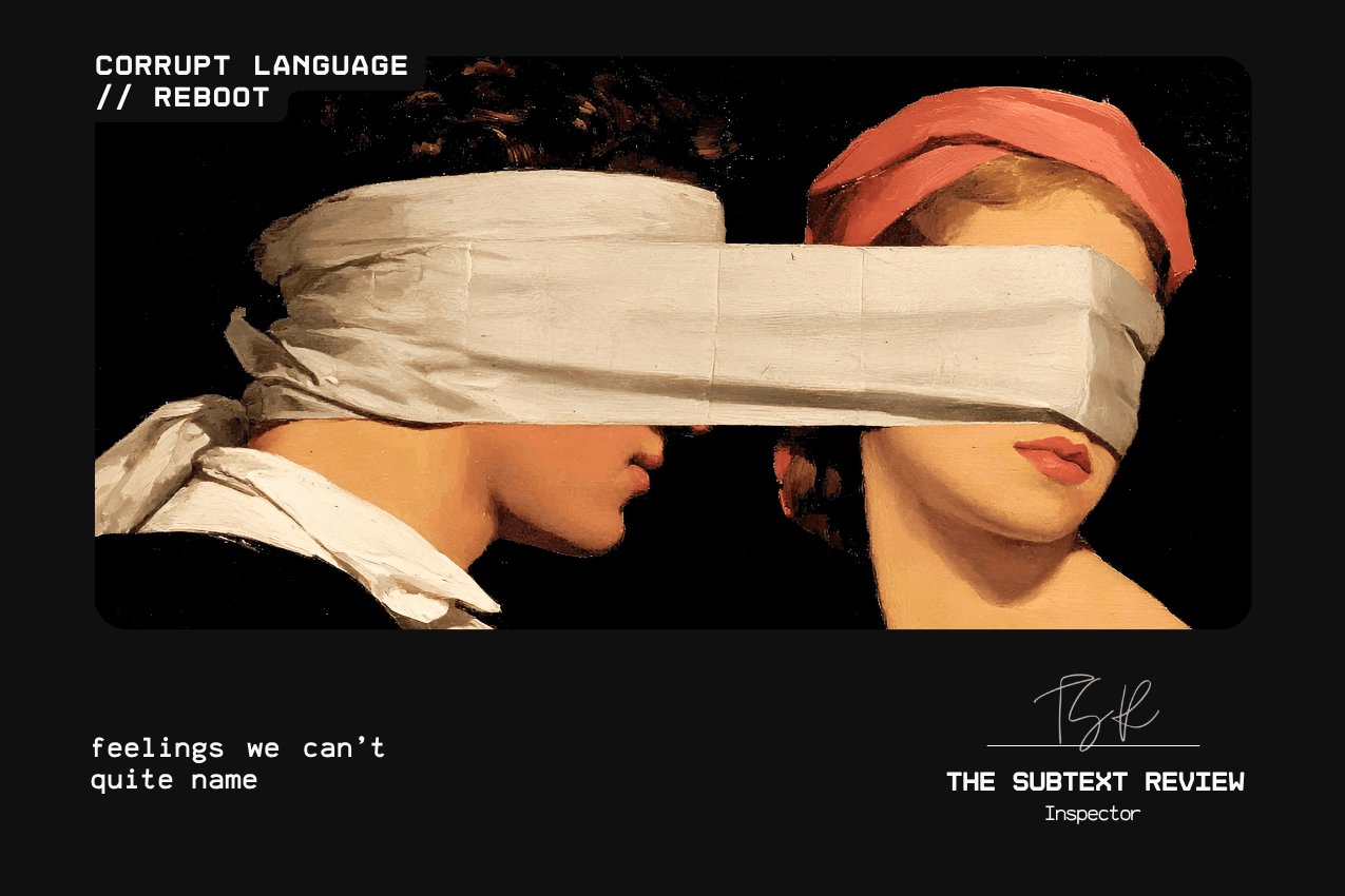 A classical-style oil painting in profile of two figures, their eyes obscured by a single, continuous white fabric wrap. The texture of the paint is thick and physical. Below, the text reads "feelings we can’t quite name." Part of the Corrupt Language // Reboot series at The Subtext Review.