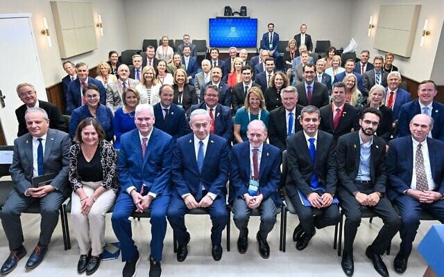 Prime Minister Benjamin Netanyahu meets in Jerusalem with a group of Republican lawmakers on an AIPAC organized trip, August 5, 2025. (Kobi Gideon/ GPO)