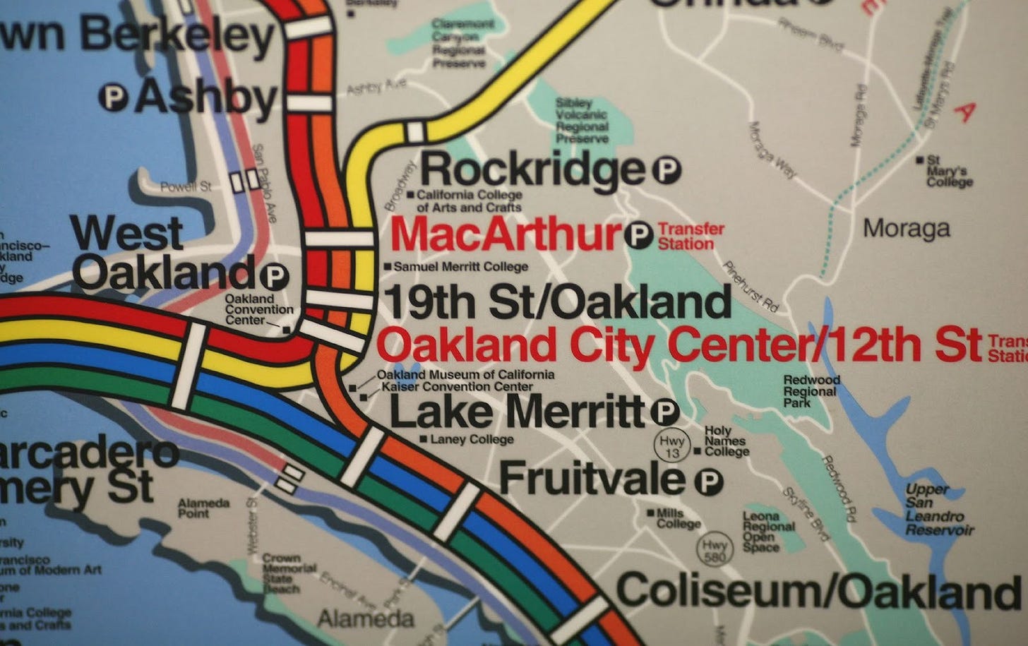 BART system map. Oakland, California, Dec. 23, 2005.  (Image source: Thomas Hawk / Creative Commons)