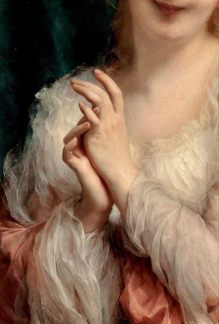 This may contain: a painting of a woman with red hair and white dress holding her hands on her chest This may contain: a painting of a woman with red hair and white dress holding her hands on her chest