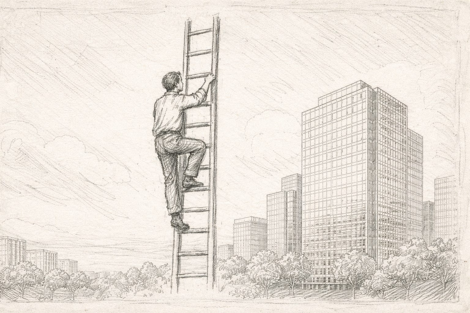 Man climbing a ladder leading into nothing symbolizing starting a career in a field that yet doesn’t exist. Man climbing a ladder leading into nothing symbolizing starting a career in a field that yet doesn’t exist.