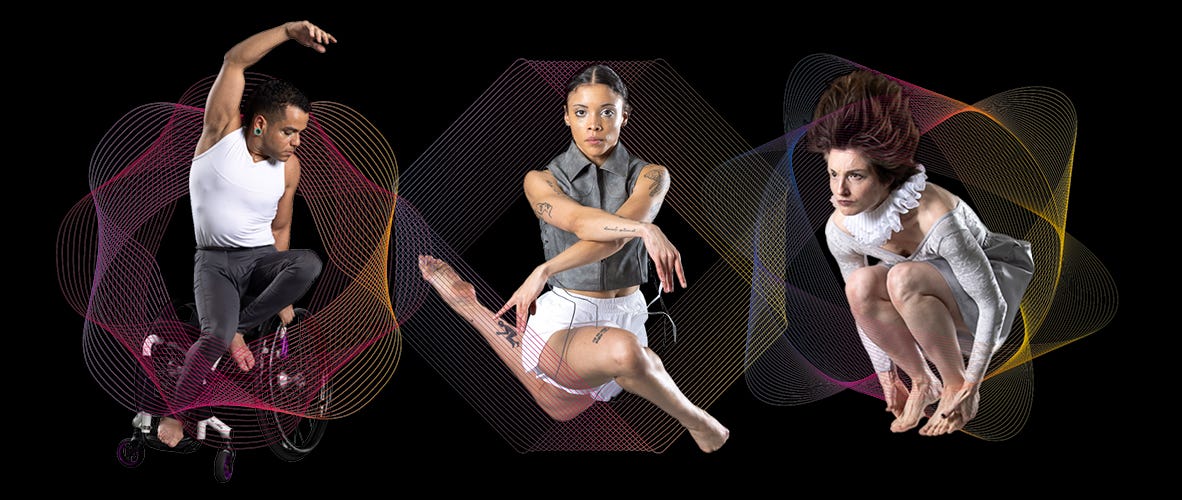Three dancers perform dynamic movements against a black background, each surrounded by colorful wave-like patterns. On the left, a dancer in a wheelchair leaps with one arm raised. In the center, a dancer in a gray sleeveless top and white shorts extends her arms and leg in a poised jump. On the right, a dancer in a white costume crouches.