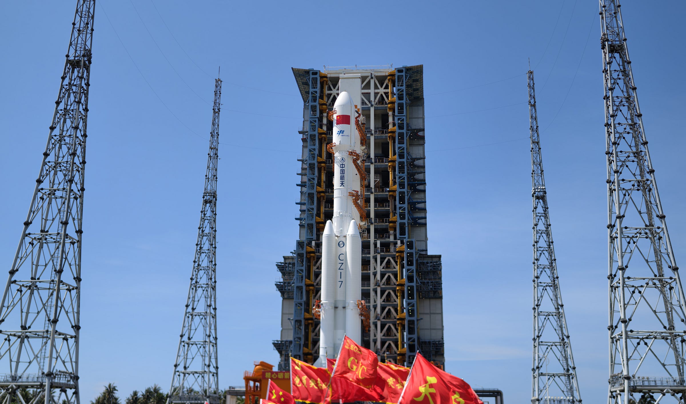 The Long March 7 Y11 vehicle with Tianzhou-10 inside its fairing shortly after arrival at Launch Complex 201 at the Wenchang Space Launch Site on May 8th 2026.