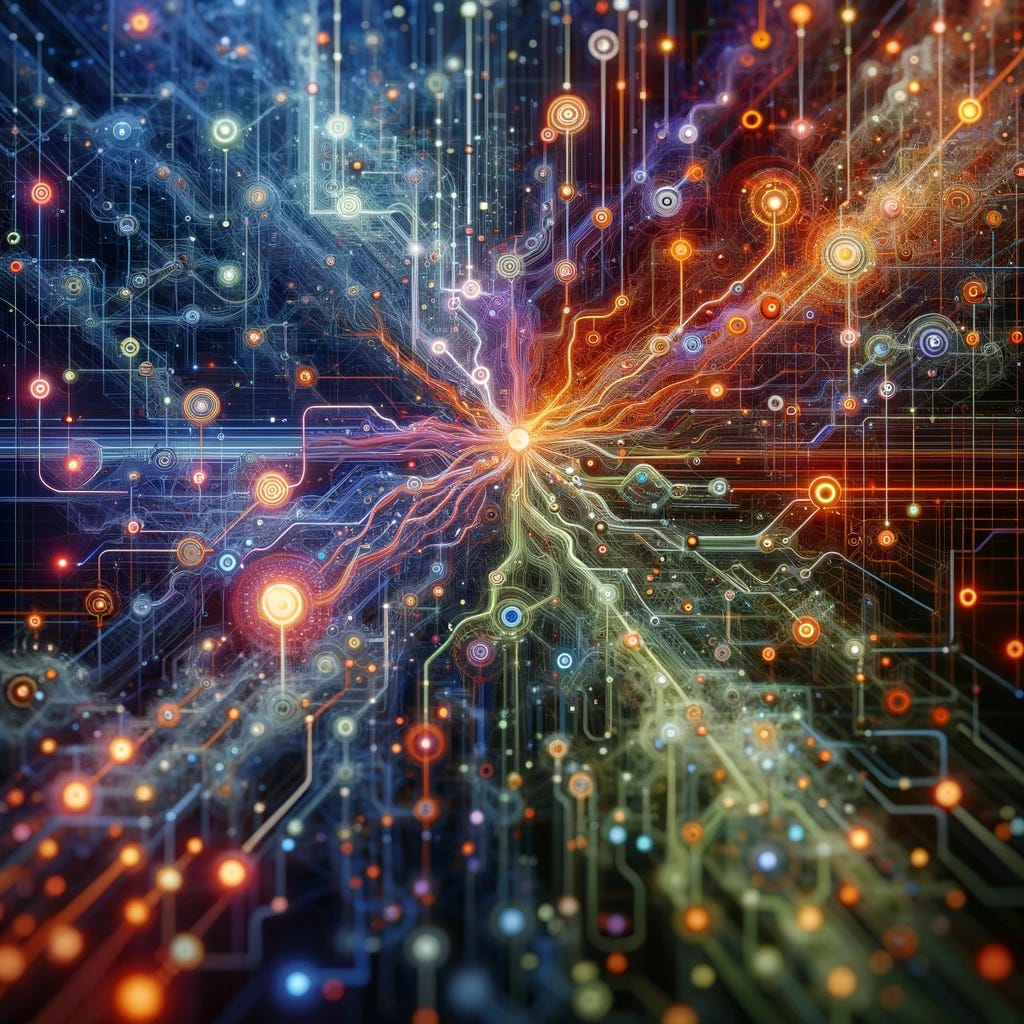 Create an abstract representation of the concept of a 'Switch Transformer.' Visualize a vast network of interconnected nodes and pathways, symbolizing the dynamic routing of information. The nodes, representing data points, should be diverse in color and size, indicating different types and amounts of data. The pathways connecting them should be intricate and multidirectional, showcasing the complexity and adaptability of the system. The overall image should convey a sense of advanced technology, efficiency, and futuristic data processing, with a background that enhances the digital and abstract nature of the subject.