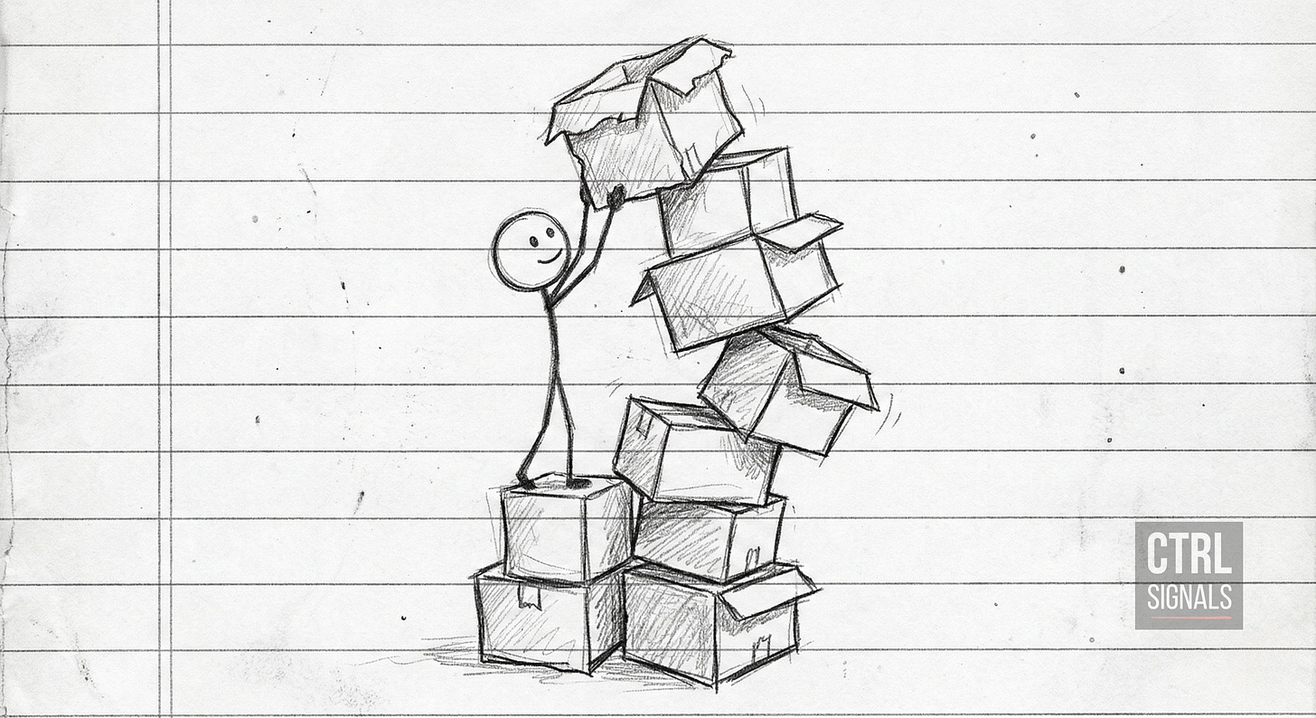 Hand-drawn stick figure stacking uneven boxes into a tall, unstable pile that is starting to tilt, drawn on lined notebook paper.