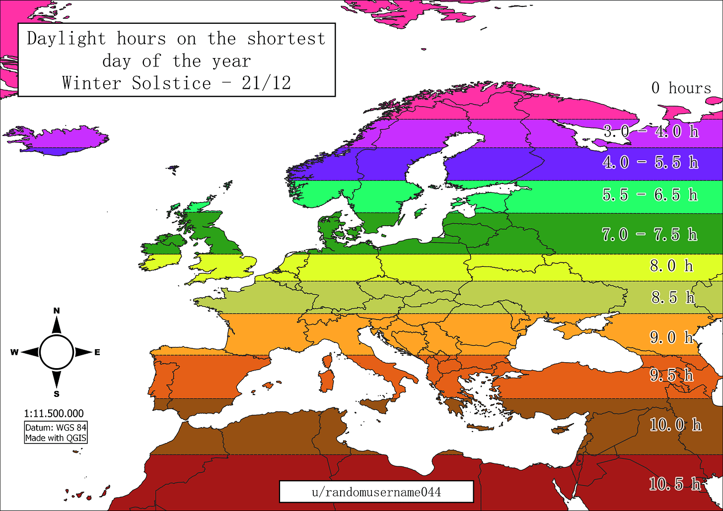 Daylight hours on the Winter Solstice in Europe : r/MapPorn