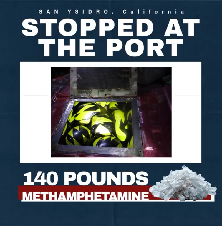 Meth bundles hidden inside a tailgate compartment of a smuggler’s pick-up truck driven into San Ysidro, California, from Mexico.