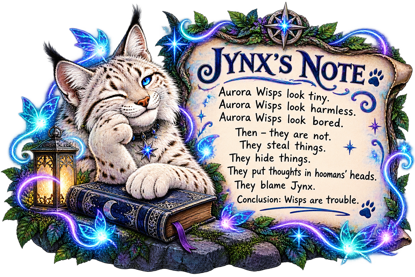 Jynx's note saying that Aurora Wisps may be tiny and look harmless, but they are trouble. Jynx's note saying that Aurora Wisps may be tiny and look harmless, but they are trouble.