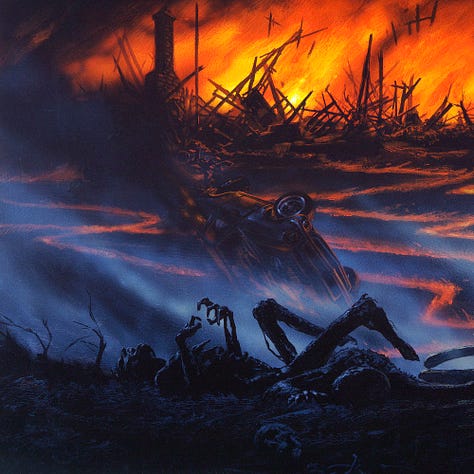 LEFT: Detail from FIRESTARTER of Charlie at the full height of her power. On her right, broken fence posts are tangled with barbed wire. To her left is the burnt husk of a human. Lines of fire in the field behind zig-zag like lightning bolts. Following them to the foreground, they all originate from her. CENTER: Figure detail from FIRESTARTER featuring a young girl cast in dramatic shadow. Her sandy blonde hair sways with motion as she locks eyes on the audience. Her fingers are tense, directing the motion of flame that radiates through the blackened field behind her. She crests a charred hill passing fence posts tangled in barbed wire. Light crosses the hill illuminating the artist sigil, the stylized letters M and W bound within a circle, etched in the ground with the copyright date. RIGHT: Close detail from FIRESTARTER featuring the charred husks of two humans reduced to little more than skeletal remains. Blue-gray smoke wafts off the corpses with the agony of death apparent in the clench of hands and tilt of head as its mouth is still open in a scream. In the background, a car is turned on its side. Lines of fire ignite in a zig zag pattern extending to the horizon. There a building stands in ruin with boards seen jutting out from the ground, lit in silhouette by a blaze. Massive black clouds obscure most of the night sky.