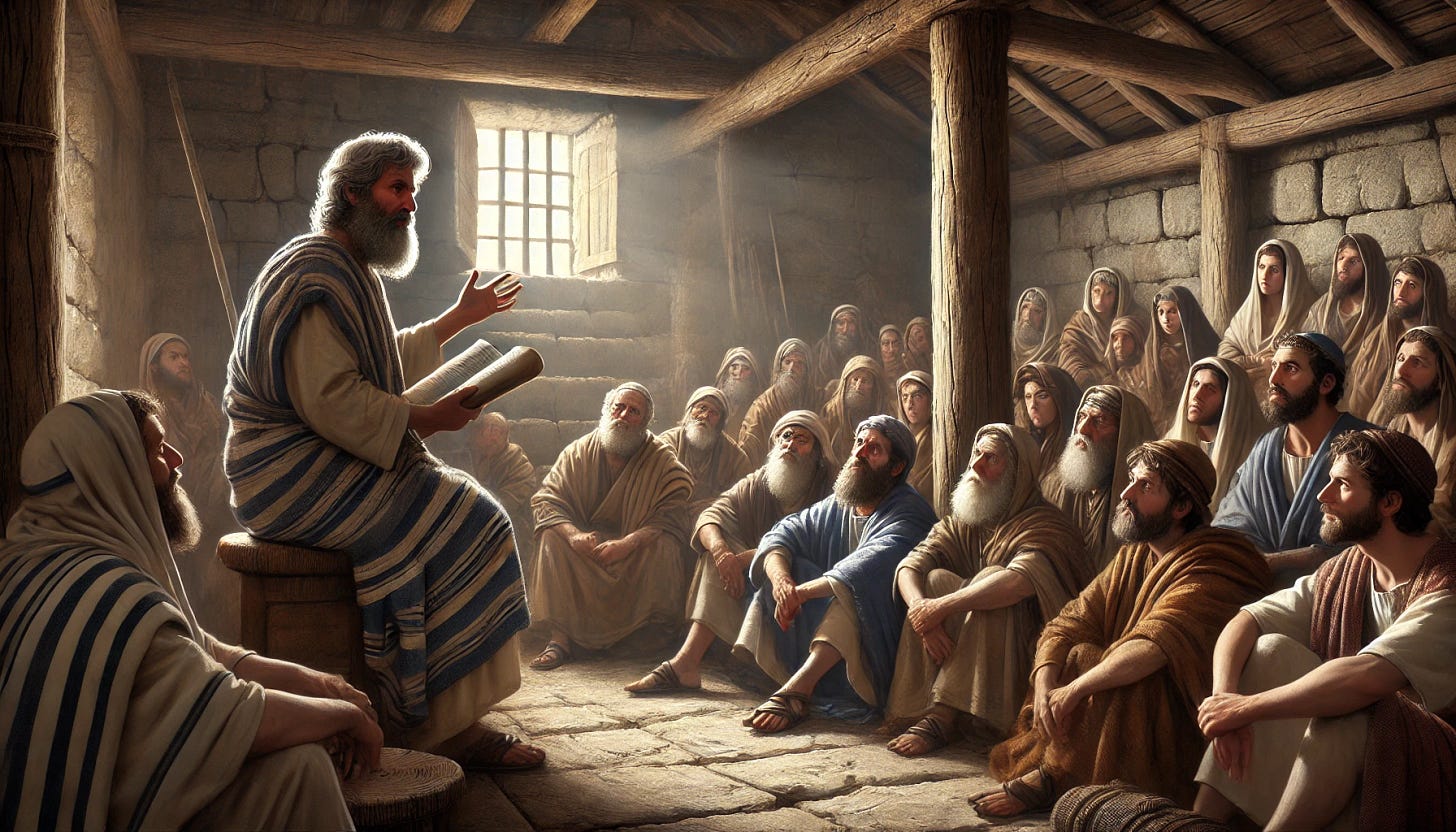 A detailed scene showing the Apostle Paul in an ancient Judean house, speaking to a small group of Jewish and Greek people. Paul is an older man with gray hair and a beard, wearing a robe, and holding a scroll as he addresses the group with passion. The house is modest with stone walls, wooden beams, and low, traditional furniture. The audience includes Jewish individuals in robes and head coverings, and Greek individuals wearing tunics and cloaks. They are seated attentively as Paul speaks, with light streaming through a small window in the background, illuminating the room.