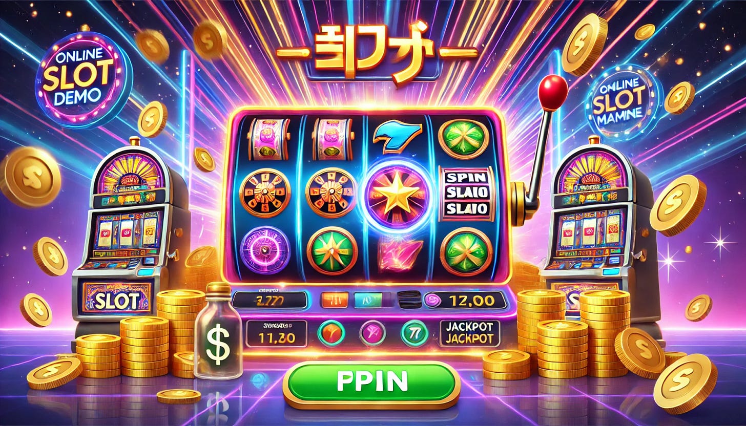 A visually engaging digital illustration of an online slot machine demo interface for 'ทดลองเล่นสล็อต'. The image features a vibrant slot game screen with colorful reels, symbols, and a spin button. The background showcases a dynamic casino atmosphere with neon lights, gold coins, and jackpot effects. The design is user-friendly, inviting, and emphasizes a free-to-play experience.