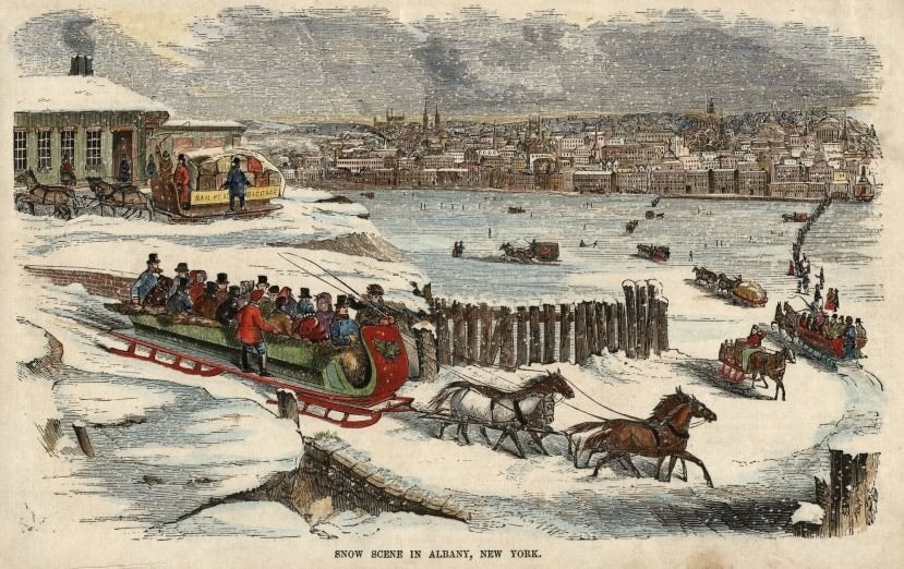 sleighs on froze hudson river 1850