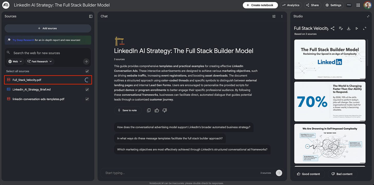 Screenshot of the NotebookLM interface showing the file Full_Stack_Velocity.pdf being added to the source list with a loading spinner