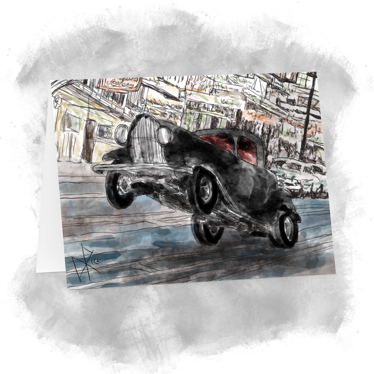 A black 1940’s coupe, modded as a hot rod, doing a wheelie on a slightly inclined 1950’s city street. Sketch art by Don Rice. A black 1940’s coupe, modded as a hot rod, doing a wheelie on a slightly inclined 1950’s city street. Sketch art by Don Rice.