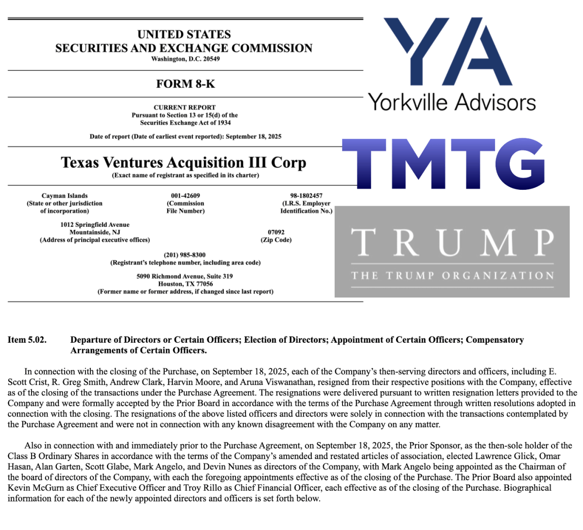 Image shows excerpts from SEC filing for Texas Ventures Acquisition III Corp on the left and bottom, and logos for Yorkville Advisors, TMTG and Trump Organization on the right. Image shows excerpts from SEC filing for Texas Ventures Acquisition III Corp on the left and bottom, and logos for Yorkville Advisors, TMTG and Trump Organization on the right.