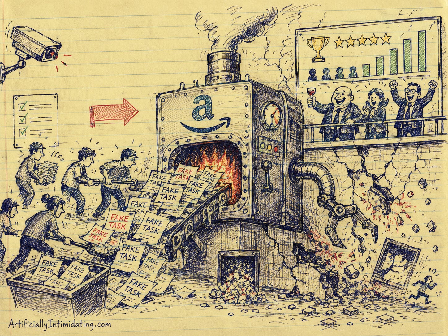 AI Created Hand-drawn editorial sketch on yellow legal pad paper showing office workers frantically feeding stacks of useless paperwork into a giant Amazon-branded AI furnace while executives celebrate rising productivity scores above them. Meanwhile, the machine is visibly breaking through the building wall and causing structural damage behind the scenes.