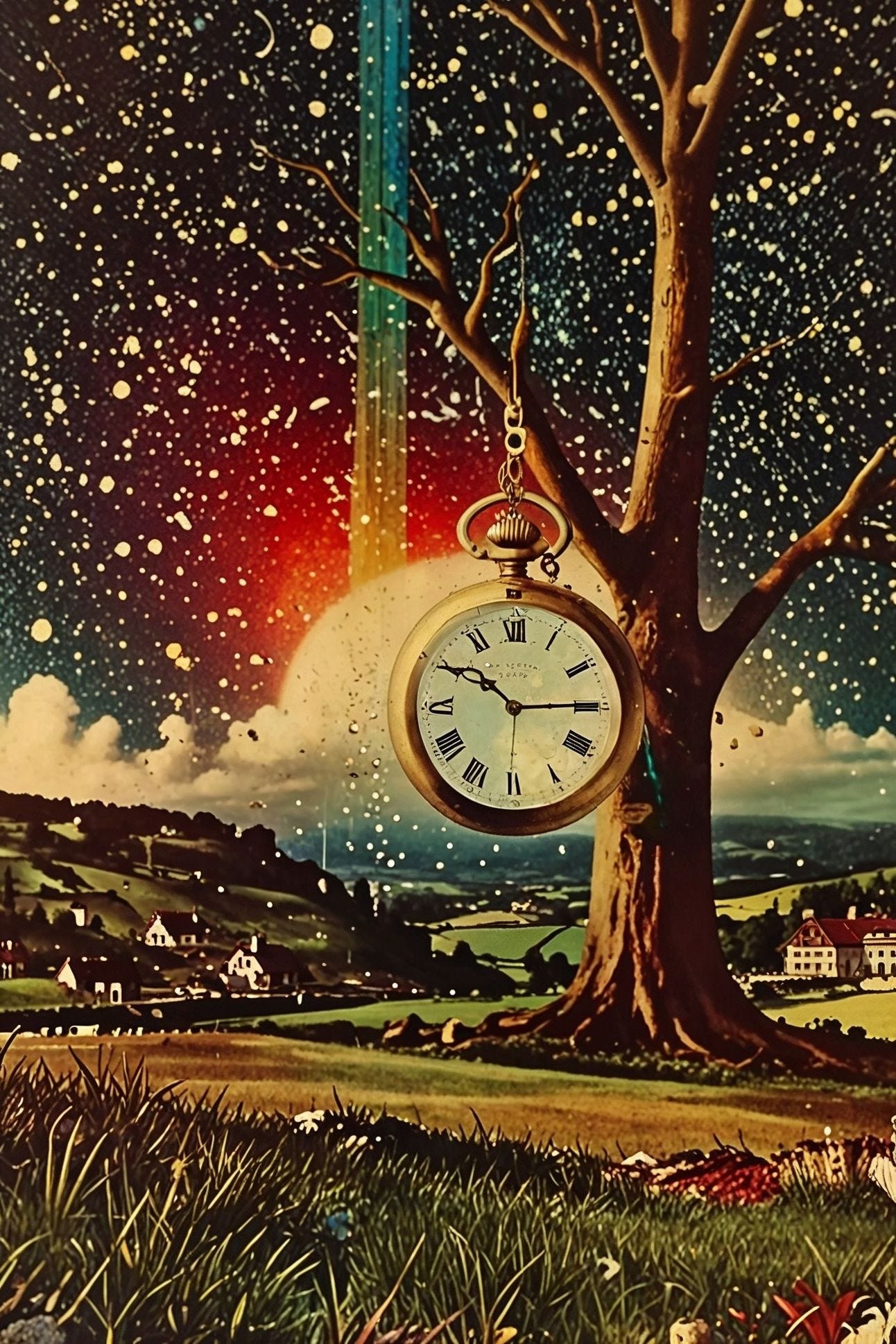A surreal scene featuring a golden pocket watch hanging from the branch of a barren tree, set against a starlit sky with streaks of rainbow light and a glowing orb. Rolling green hills and quaint houses complete the tranquil, dreamlike setting