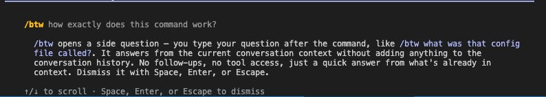 Claude Code btw side question overlay preserving session context Claude Code btw side question overlay preserving session context