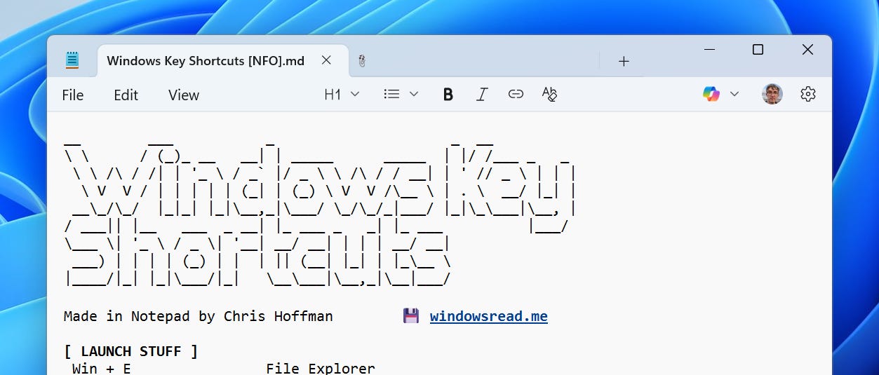 Windows Key Shortcuts in Notepad.