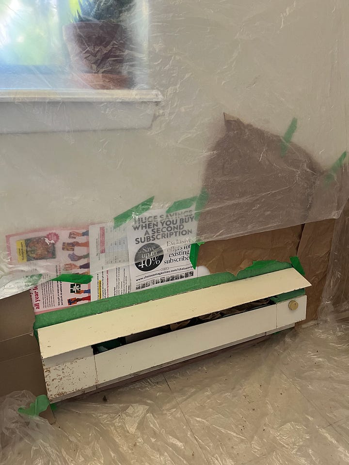 An electric baseboard heater. In the image on the left, it is rusty and yellowed, in the one on the right it is a crisp white. 