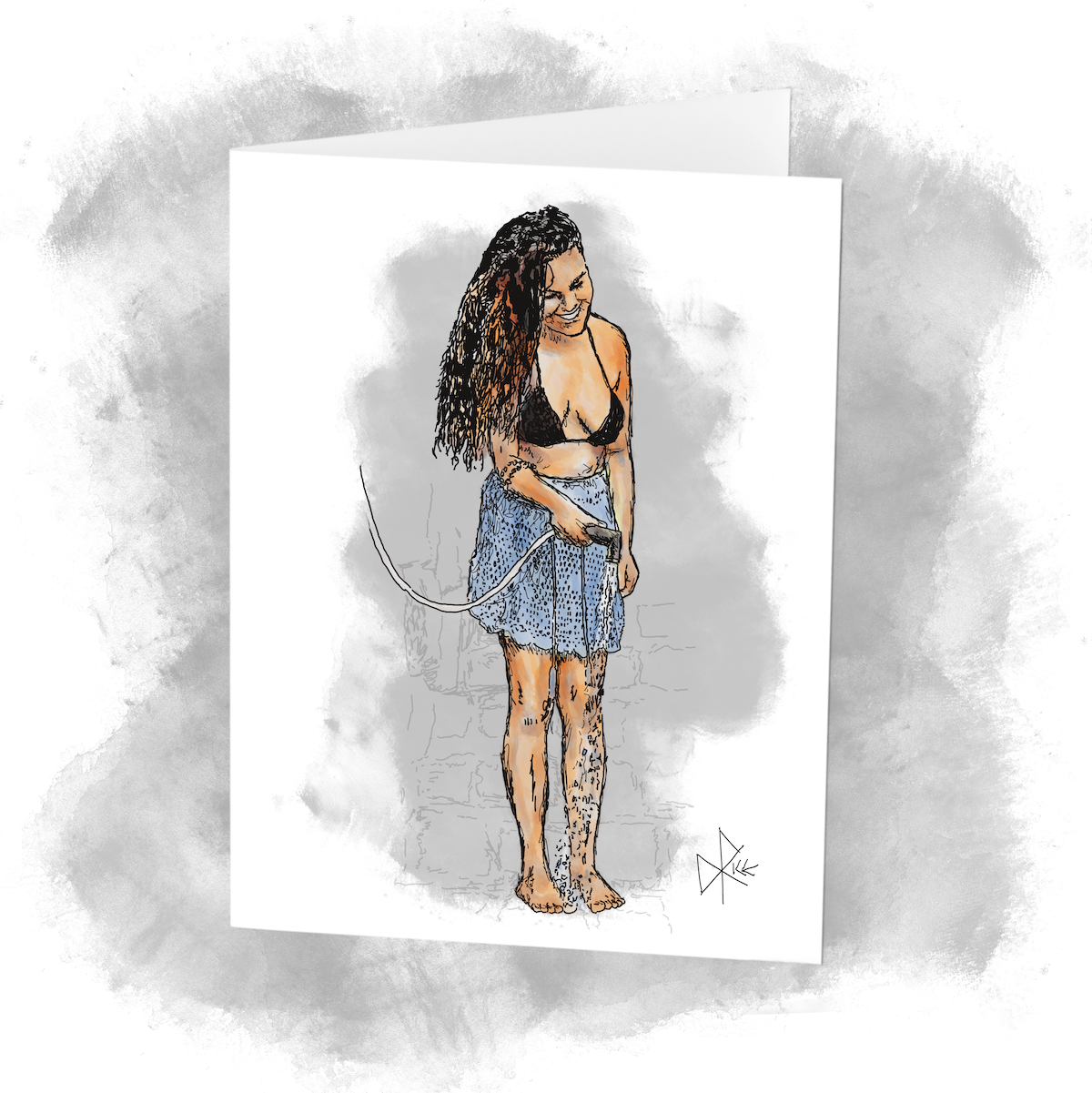 A woman in a bikini and beach skirt uses a public hose to rinse the sand off her body as she prepares to leave the shoreline. Sketch art by Don Rice.