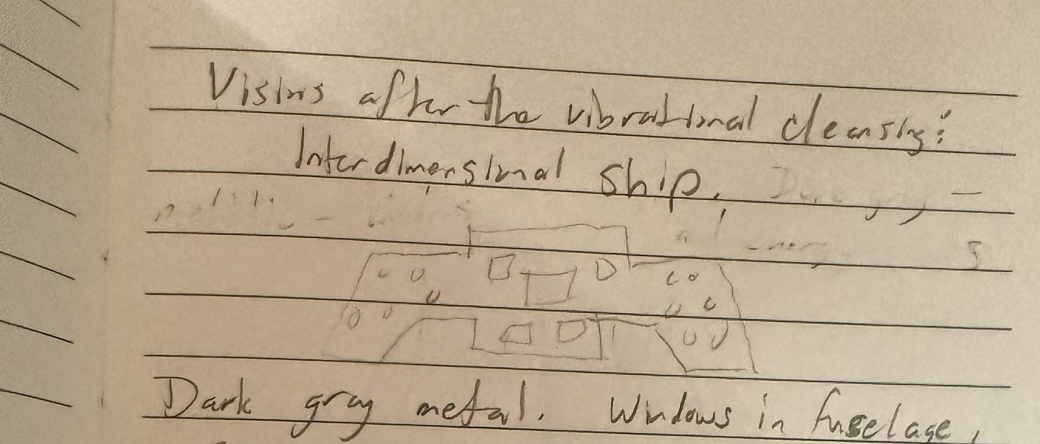 Close-up photo of a lined journal page with handwritten notes reading “Visions after the vibrational cleansing: Interdimensional ship.” A faint pencil sketch shows a blocky, angular craft with square windows and wing sections that bend downward, with small square shapes on the wings. At the bottom, additional handwriting begins “Dark gray metal. Windows in fuselage.”