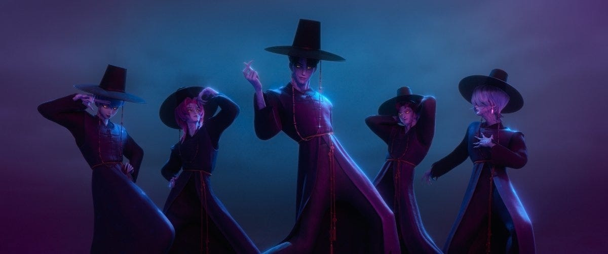 A scene from Netflix's "KPop Demon Hunters" features the Saja Boys performing “Your Idol” in their grim reaper concept. (Netflix)