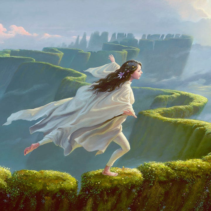 LEFT: Figure detail from RIMRUNNER featuring a young woman dancing atop a high narrow path. Her arms are out for balance, her front knee is bent, while her back leg is lifted trailing with white fabric draping behind her. RIGHT: Close detail from RIMRUNNER featuring a raven haired young woman with arms spread and white shawl flowing with her motion. Her long hairs decorated with flowers. The background is a maze of winding ridges.