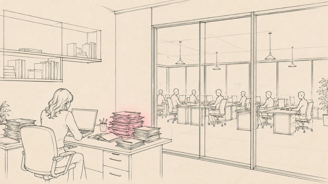 Line-and-wash illustration of a leader working alone at a desk surrounded by tall stacks of paperwork, while several colleagues sit quietly at desks outside the office, waiting in a still open-plan workspace.