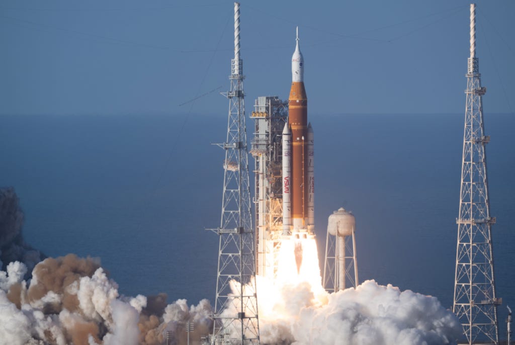 NASA’s Space Launch System (SLS) rocket and Orion crew capsule carrying four astronauts blast off from Launch Complex 39B at Kennedy Space Center in Florida at 6:35 p.m. EDT. Credit: NASA | Joel Kowsky