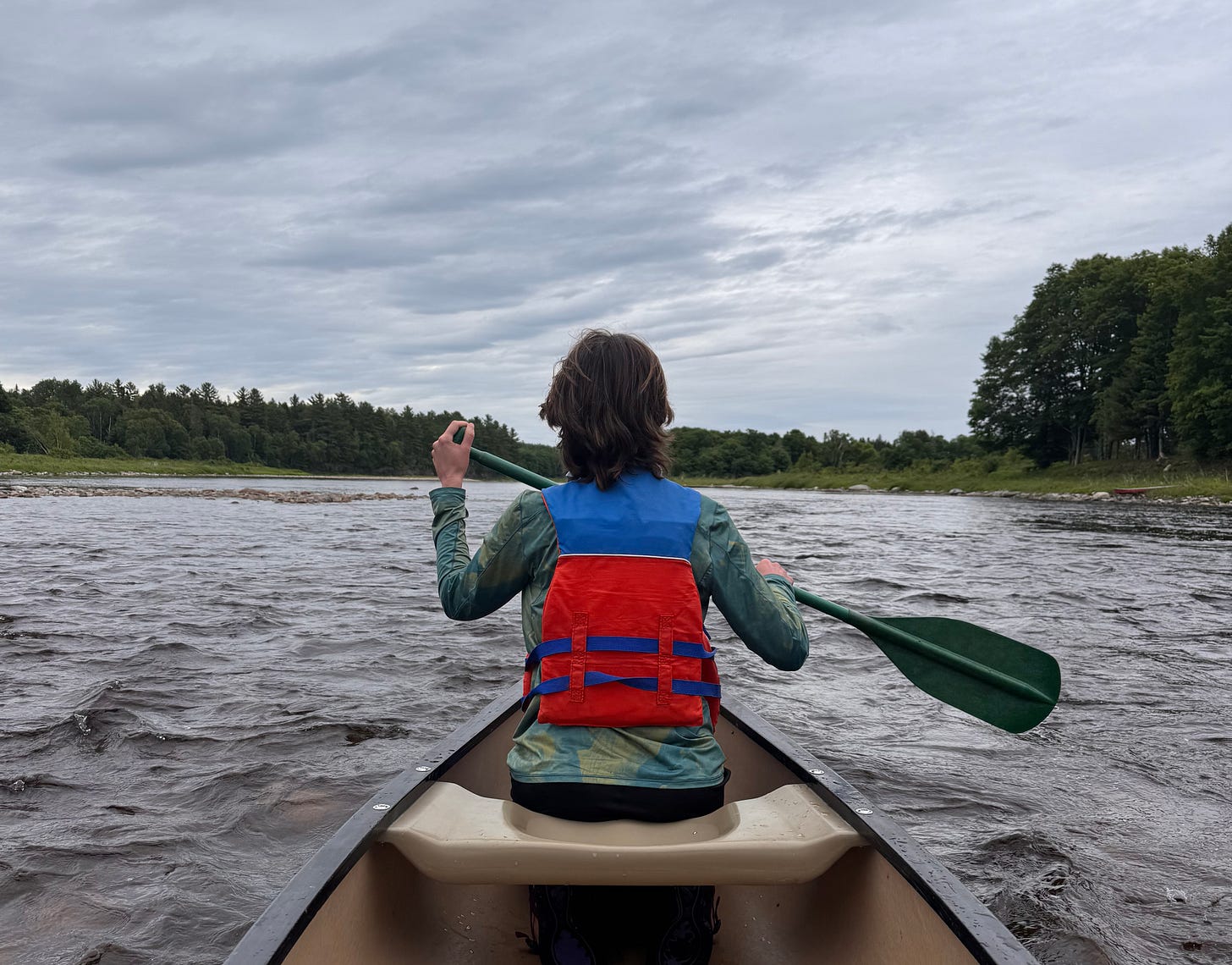 A person paddles a canoe down a river under overcast skies, wearing a red and blue life jacket and a long-sleeve shirt. Trees line the banks, and the water appears slightly choppy as the canoe moves forward