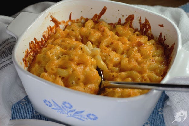 Remove from the oven when the macaroni and cheese is browned around the edges and the cheese is melty.