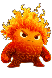 An illustrated lava character with glowing orange and red cracked skin, fierce eyes, and flames erupting from its head, from The Hallway of Doorknobs by Lynn A. Haller, illustrated by Justyna Nowosadko.