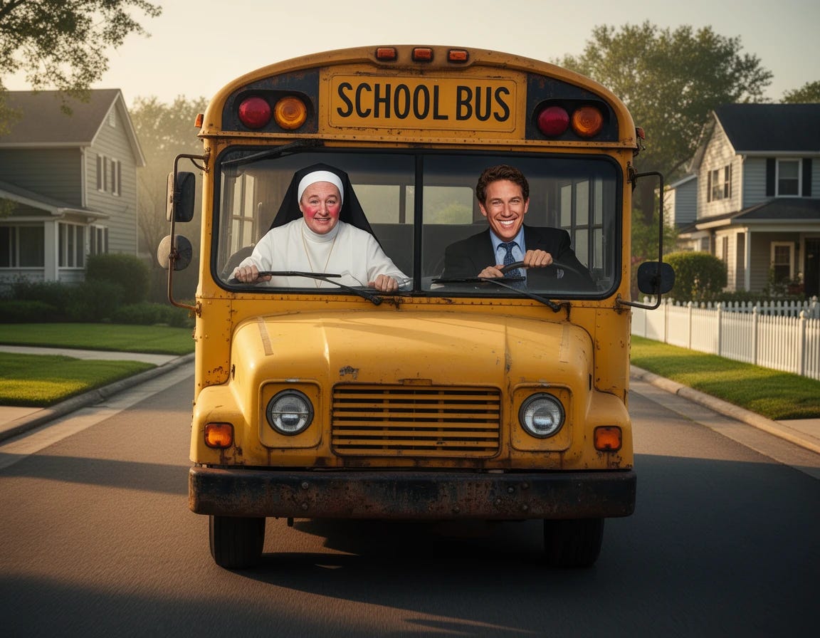 Drunk nun driving short bus with Reverend Joel Osteen riding as a passenger