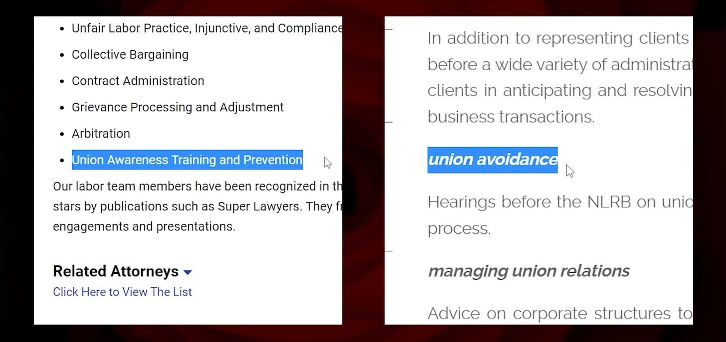 side by side screenshots of The Young Turks' management-side law firms highlighting "union awareness training and prevention" and "union avoidance" side by side screenshots of The Young Turks' management-side law firms highlighting "union awareness training and prevention" and "union avoidance"