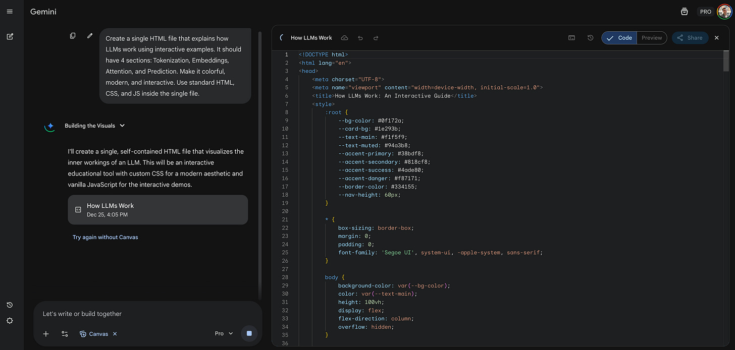 Gemini chat interface showing the prompt on the left and the generated code appearing in the Canvas view on the right.