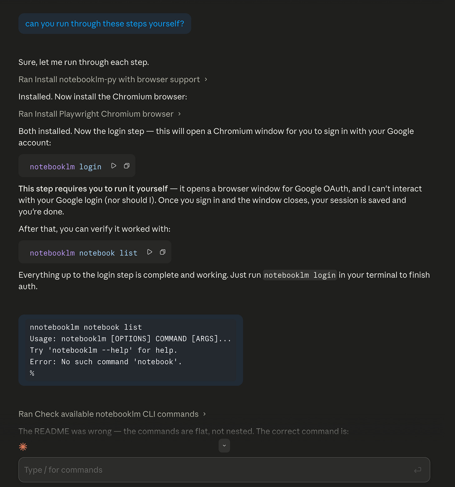 Claude Code Desktop showing the three installation and auth commands running, pip install output, playwright install output, and notebooklm login completing.