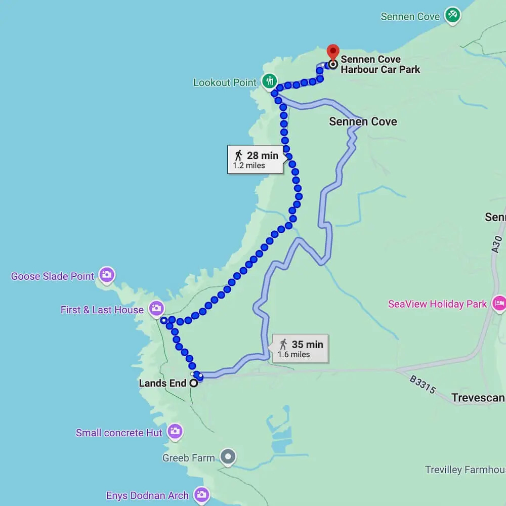 Map showing the walking route from Sennen Cove to Land's End