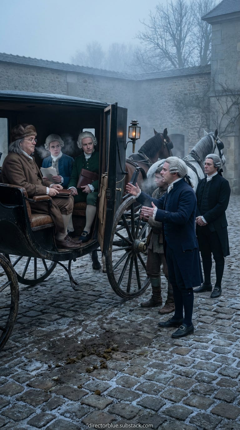 IMAGE PROMPT FOR HISTORIC REENACTMENT EDUCATIONAL SERIES  BENJAMIN FRANKLIN IN PARIS  1778916 vertical portrait format hyper-realistic photographic style as if captured with modern camera on period-accurate exterior set with practical dawn l_image_1