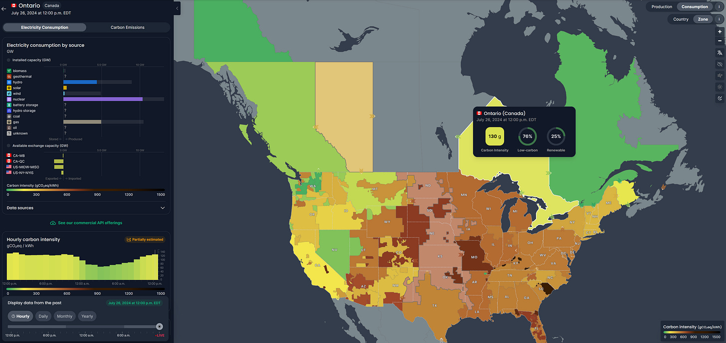 Electricity Maps showing North America's carbon intensity, with Ontario highlighted in green indicating 76% low-carbon energy. Electricity Maps showing North America's carbon intensity, with Ontario highlighted in green indicating 76% low-carbon energy.