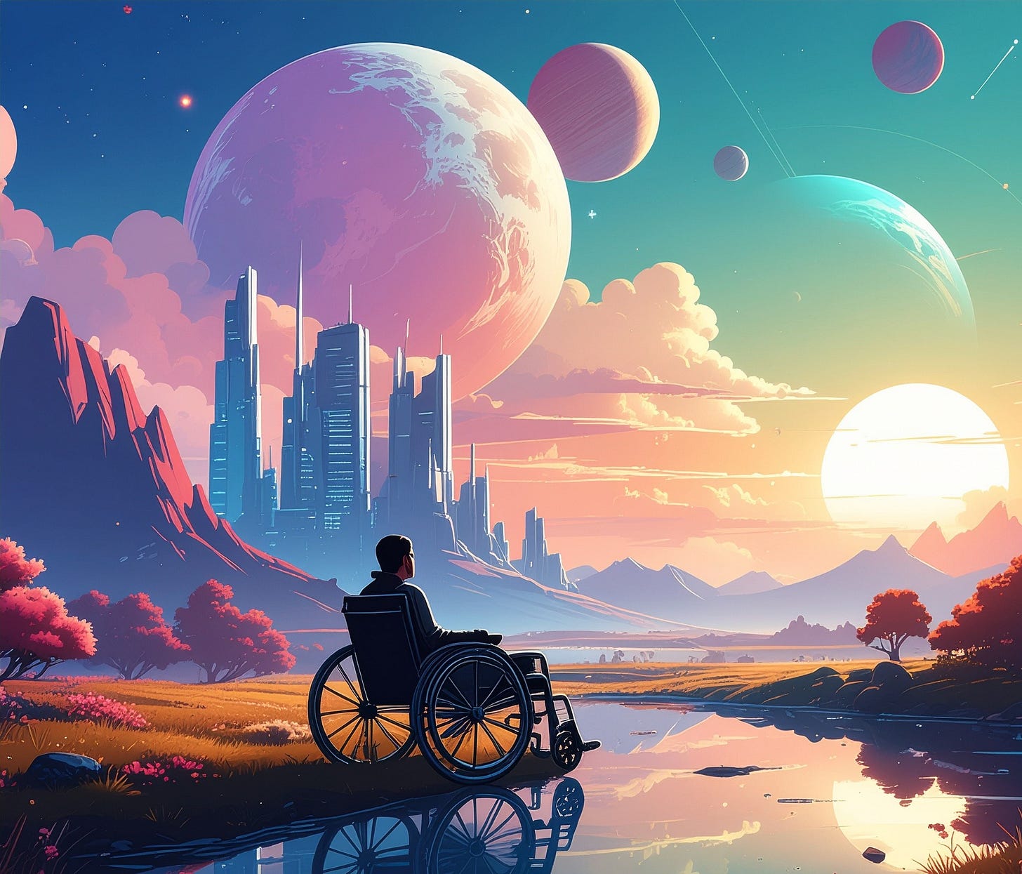  A digital illustration depicting a hopeful, futuristic scene. The image shows a person in a wheelchair sitting peacefully by a reflective body of water, gazing out at an imaginative landscape that blends natural beauty with futuristic elements.  The scene features: * A serene natural setting with pink and purple vegetation, trees, and gentle rolling terrain * A futuristic cityscape in the middle distance with sleek, towering skyscrapers that suggest advanced technology * A dramatic sky filled with multiple planets or moons in pastel pink, blue, and turquoise hues * Beautiful lighting with what appears to be a sunset or sunrise, casting warm golden and orange tones across the landscape * The person in the wheelchair positioned contemplatively, their silhouette and reflection visible in the still water