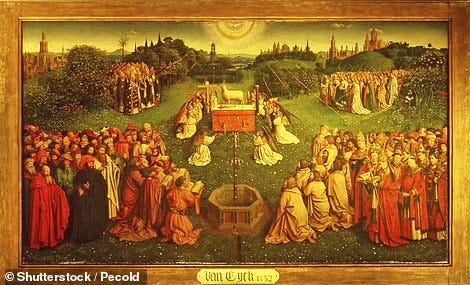 The Adoration Of The Mystic Lamb, pictured, was completed by the Van Eyck brothers in 1432