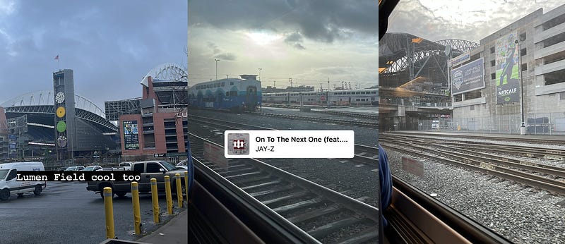 IG Story pic of Lumen Field; IG Story from the inside of the train; a picture of Lumen Field from the train