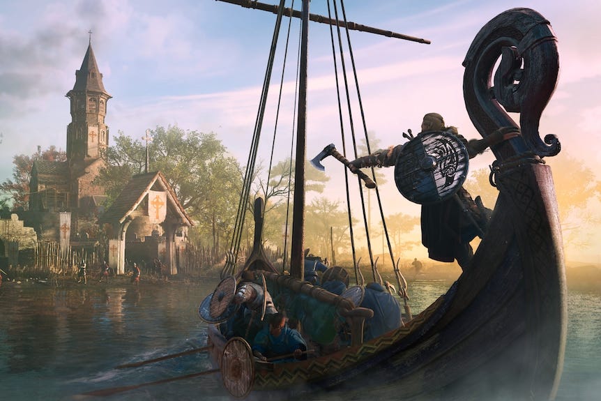 A viking warrior grabs the stern of a longboat as it sails towards a monastery, video game screenshot 