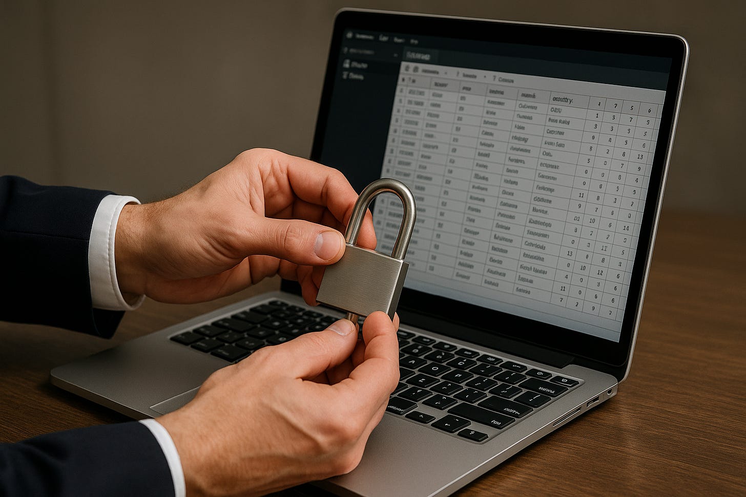 Person holding a padlock in front of a laptop displaying a spreadsheet. Person holding a padlock in front of a laptop displaying a spreadsheet.