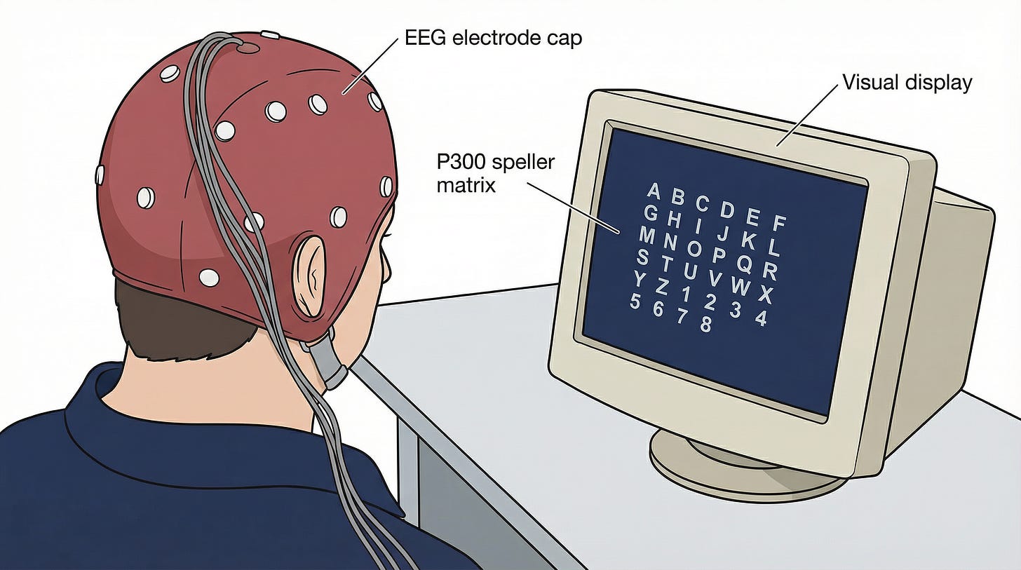 Scientific illustration of EEG-based P300 speller BCI setup