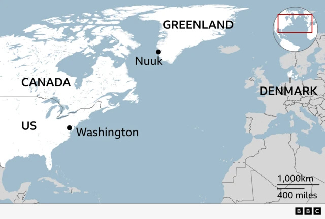 Map showing the location of Greenland and the capital Nuuk, relatively to Denmark, Canada and the United States. Also labelled is the US capital Washington. Map showing the location of Greenland and the capital Nuuk, relatively to Denmark, Canada and the United States. Also labelled is the US capital Washington.