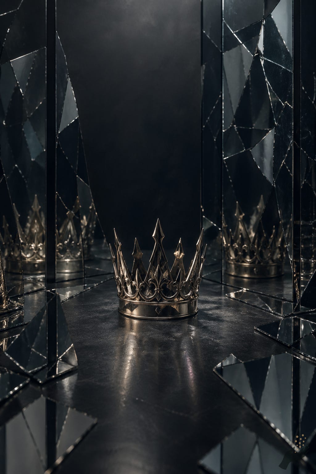 The crown repeats itself until ambition becomes architecture. Alt text: A polished metal crown sits on a dark reflective floor, surrounded by fractured mirrors and mirror shards that multiply and distort its reflection.